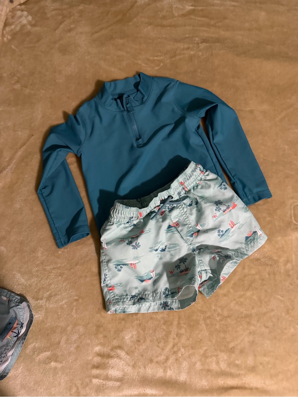 Carter's Teal Rash Guard with Light Aqua Printed Swim Trunks 2t